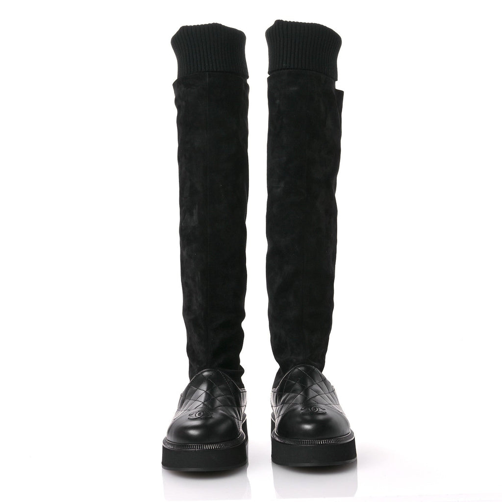 Chanel Suede Lambskin Calfskin Knit Womens High Boots 37 Black