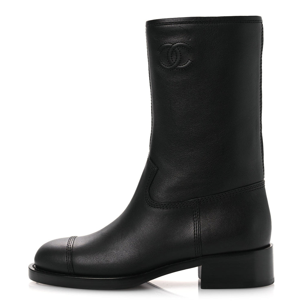 Chanel Calfskin Quilted CC Logo Mid Calf Boots 35 Black