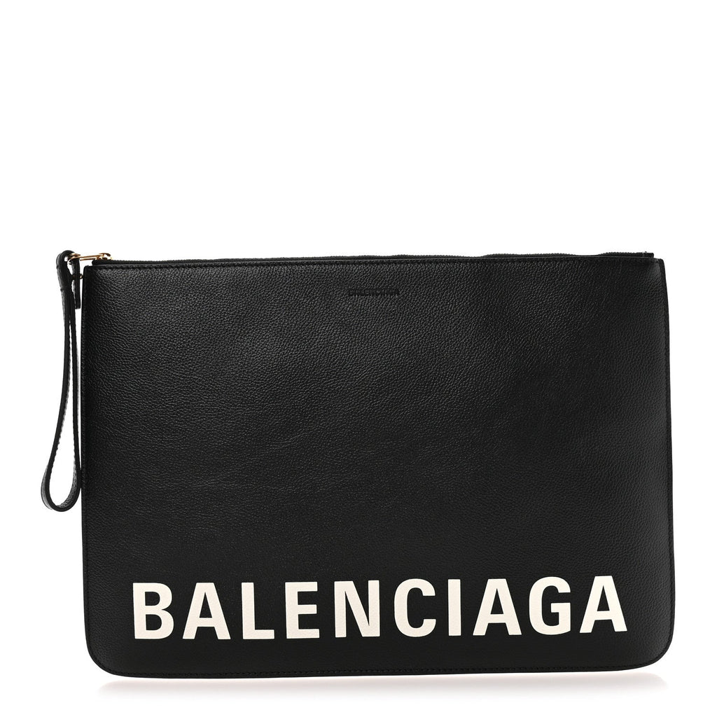 Balenciaga Calfskin Logo Large Cash Pouch With Handle Black White