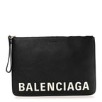 Balenciaga Calfskin Logo Large Cash Pouch With Handle Black White