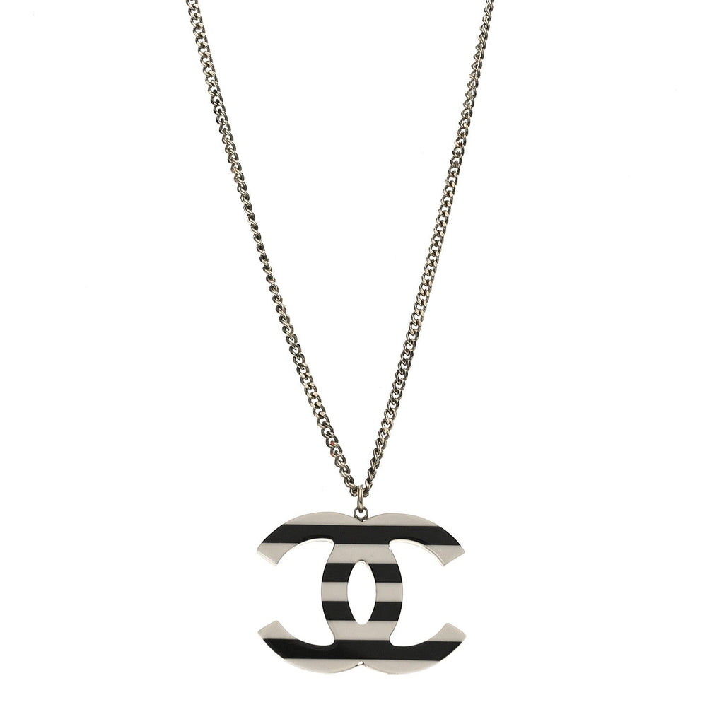 Chanel Enamel Pearl CC Charms Pendant Necklace Black White Gold