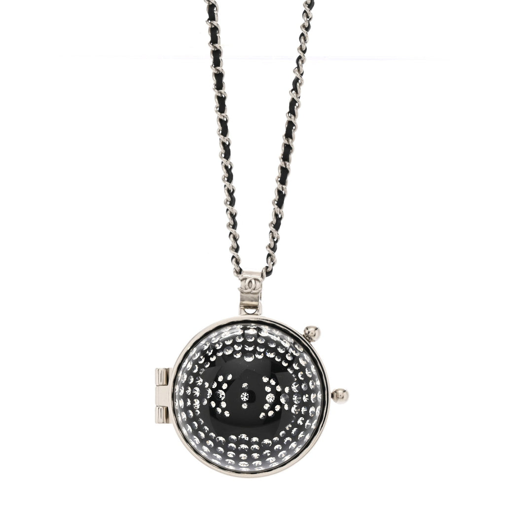 Chanel Resin Crystal Lambskin Ball Mirror Necklace Black Silver