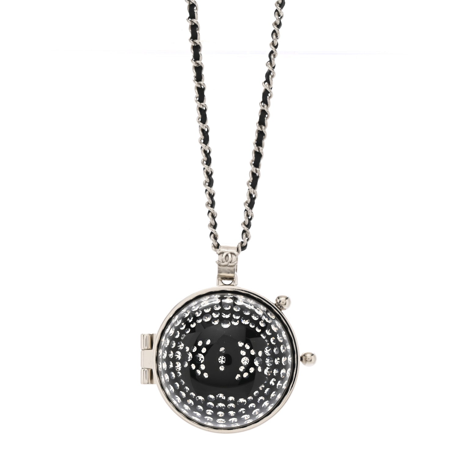 Chanel Resin Crystal Lambskin Ball Mirror Necklace Black Silver