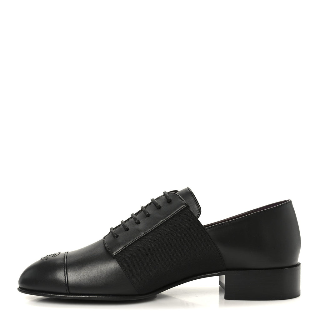 Chanel Calfskin Elastic Lace Up Cap Toe CC Loafers 39 Black