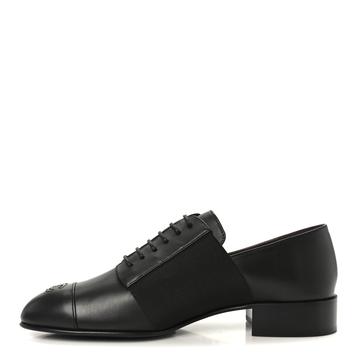 Chanel Calfskin Elastic Lace Up Cap Toe CC Loafers 39 Black