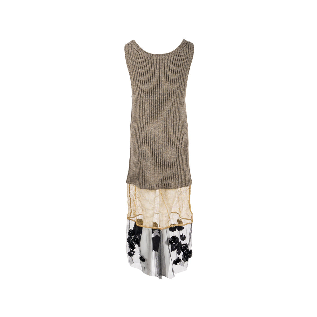 Prada Size 38 Flower Dress Scheerwol Light Grey/Gold/Black