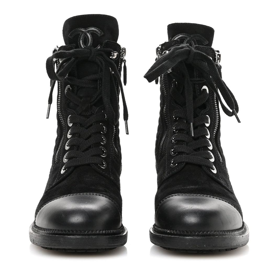 Chanel Suede Calfskin Quilted Lace Up Combat Boots 37 Black