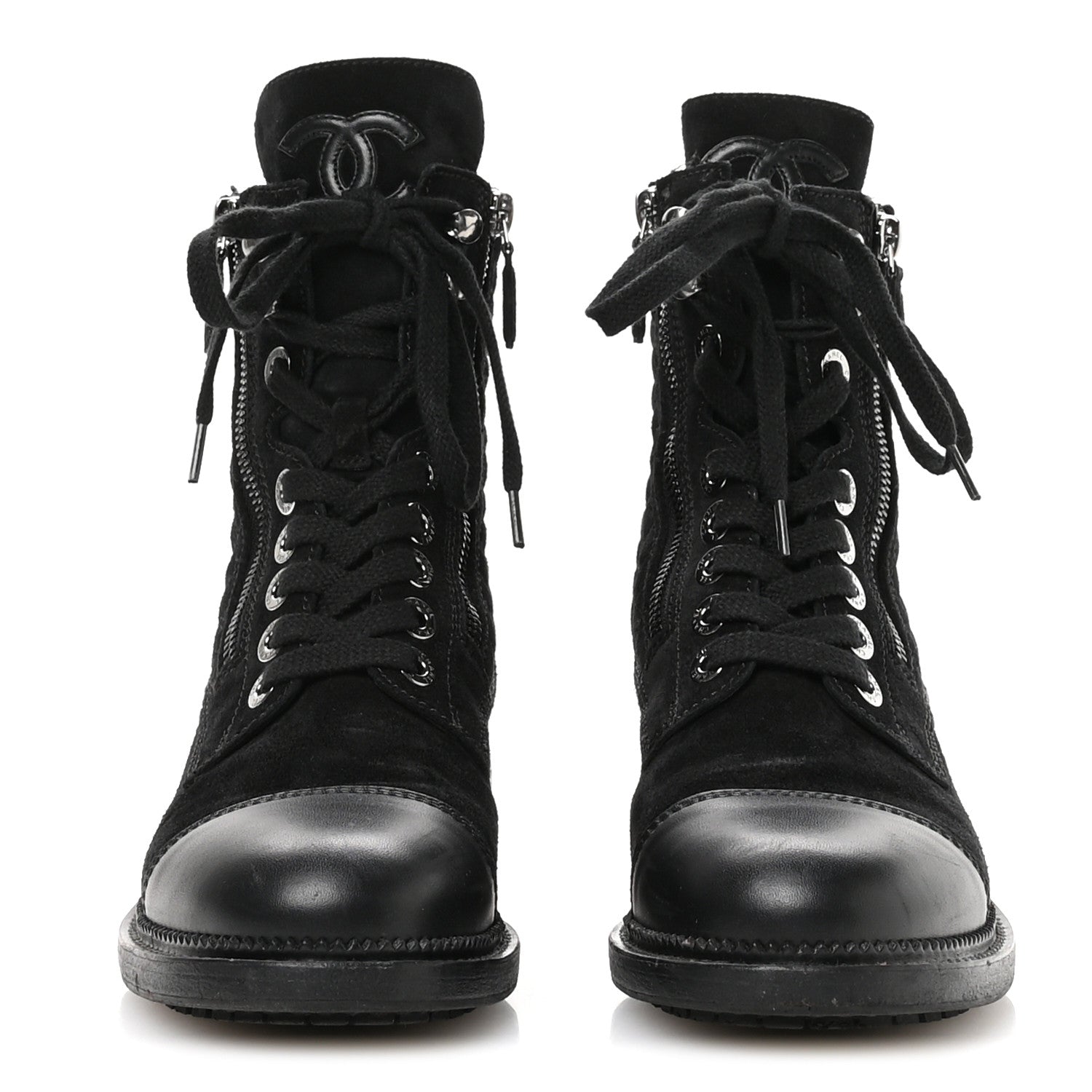 Chanel Suede Calfskin Quilted Lace Up Combat Boots 37 Black