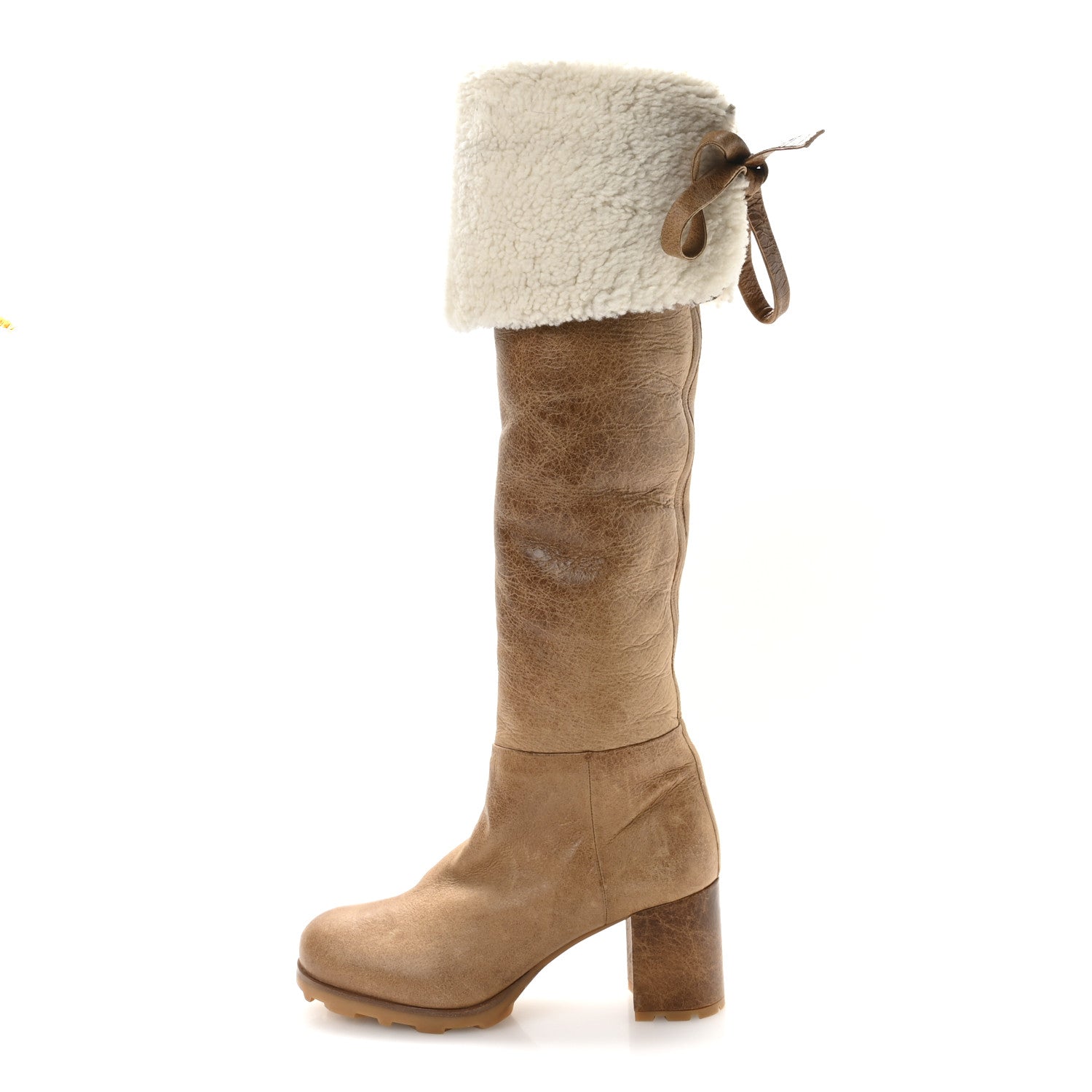 Miu Miu Shearling Calfskin Knee High Heel Boot 38.5 Brown