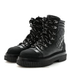 Chanel Calfskin Grosgrain Quilted Lace Up Boots 38.5 Black Grey