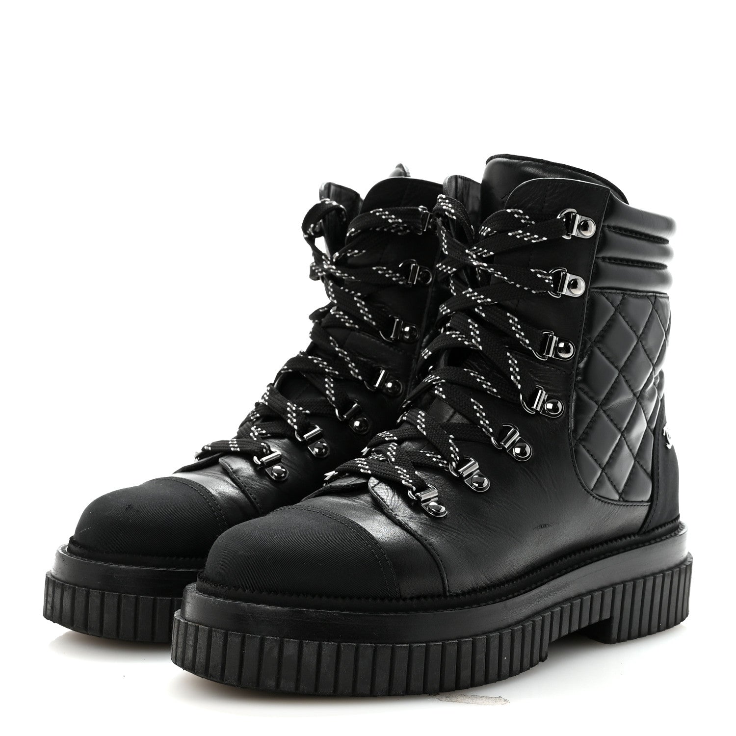 Chanel Calfskin Grosgrain Quilted Lace Up Boots 38.5 Black Grey