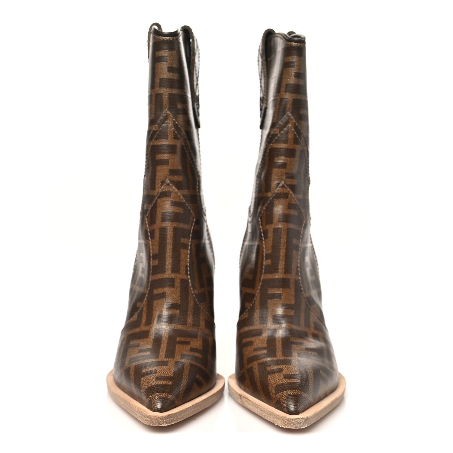 Fendi Glazed Fabric FF 1974 Cutwalk Ankle Boots 36 Mogano Panna