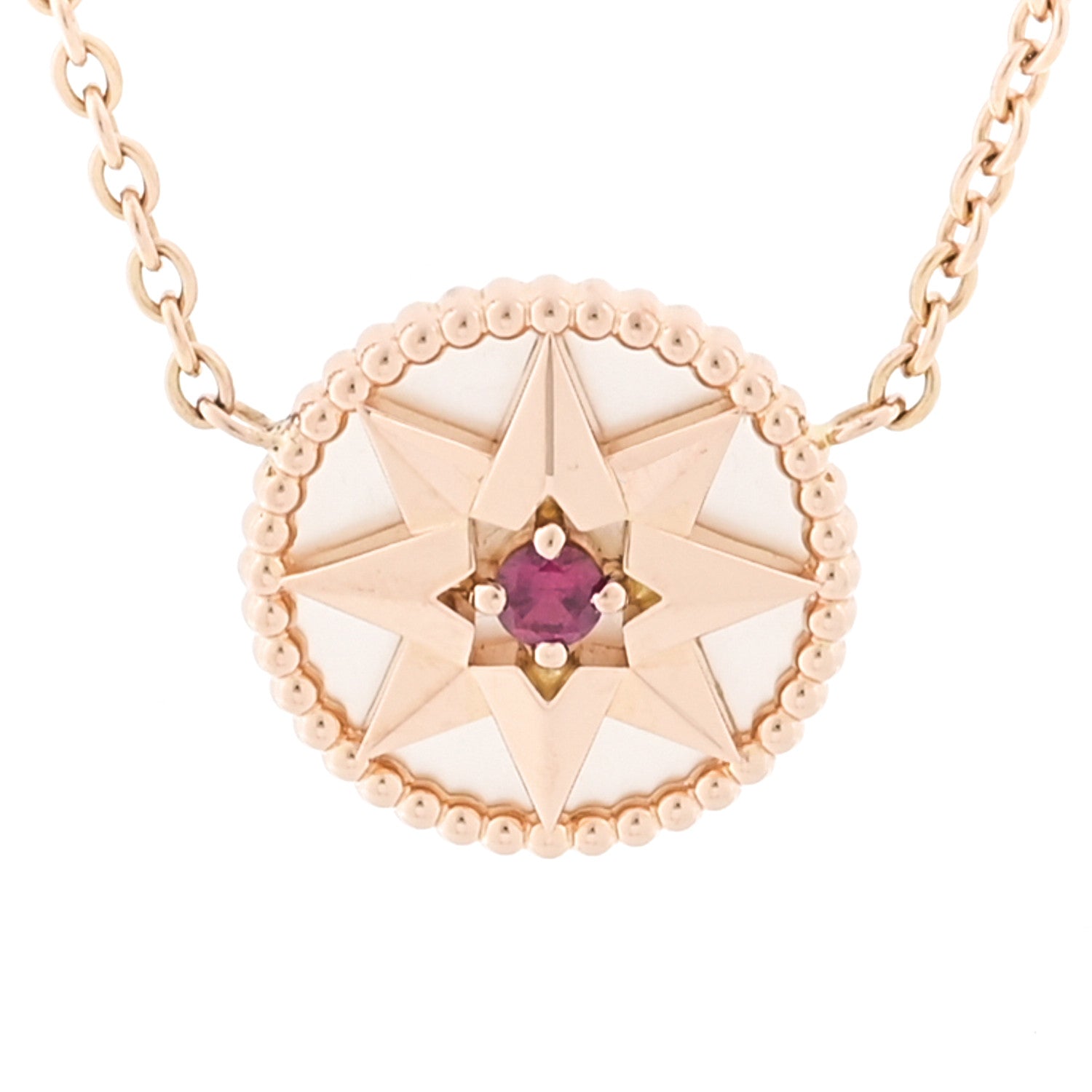 Christian Dior 18K Rose Gold Ruby Mother of Pearl Rose Des Vents Necklace