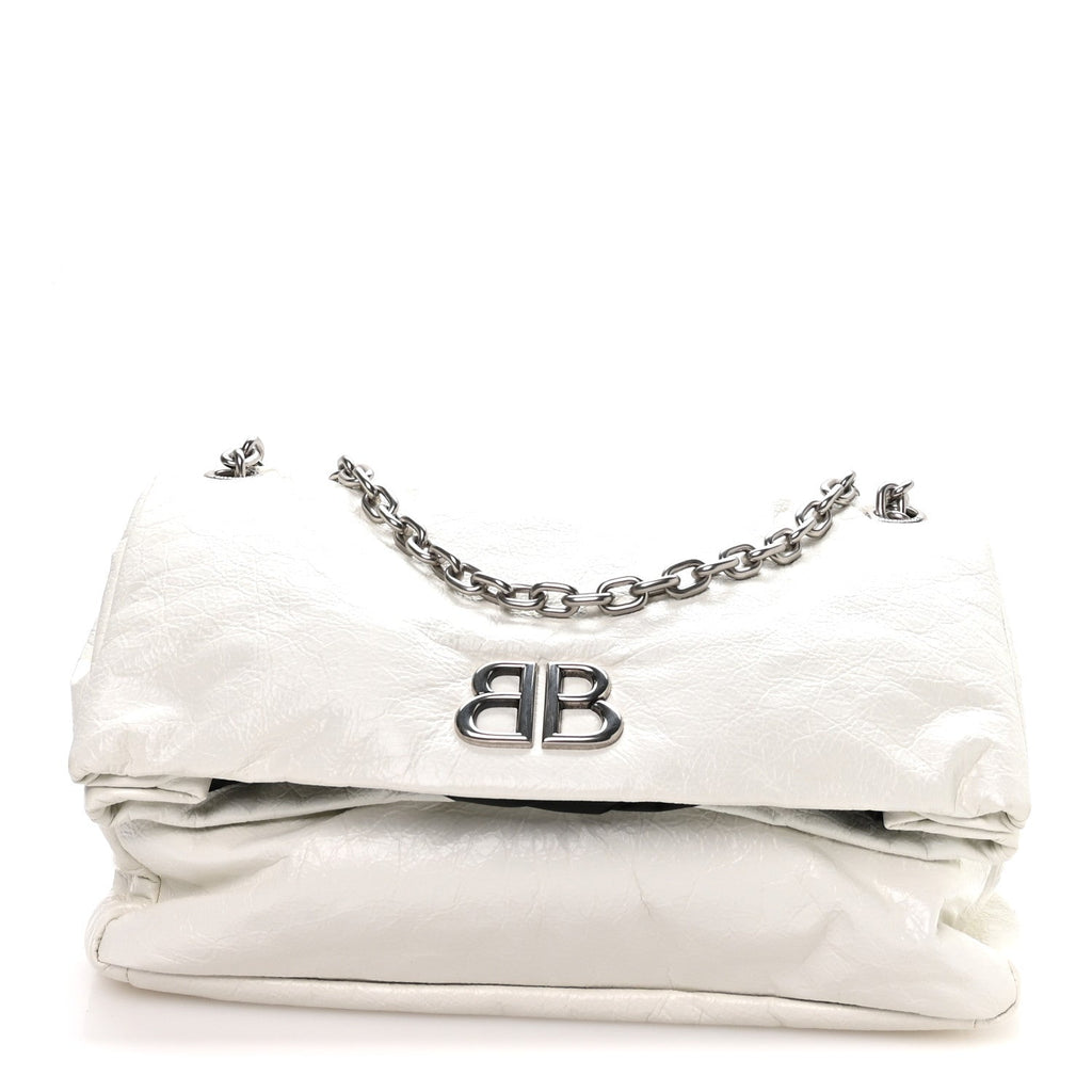 Balenciaga Arena Calfskin Nylon Medium Monaco Chain Shoulder Bag Optic White