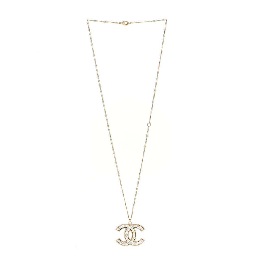Chanel Metal Quilted CC Pendant Necklace Gold White