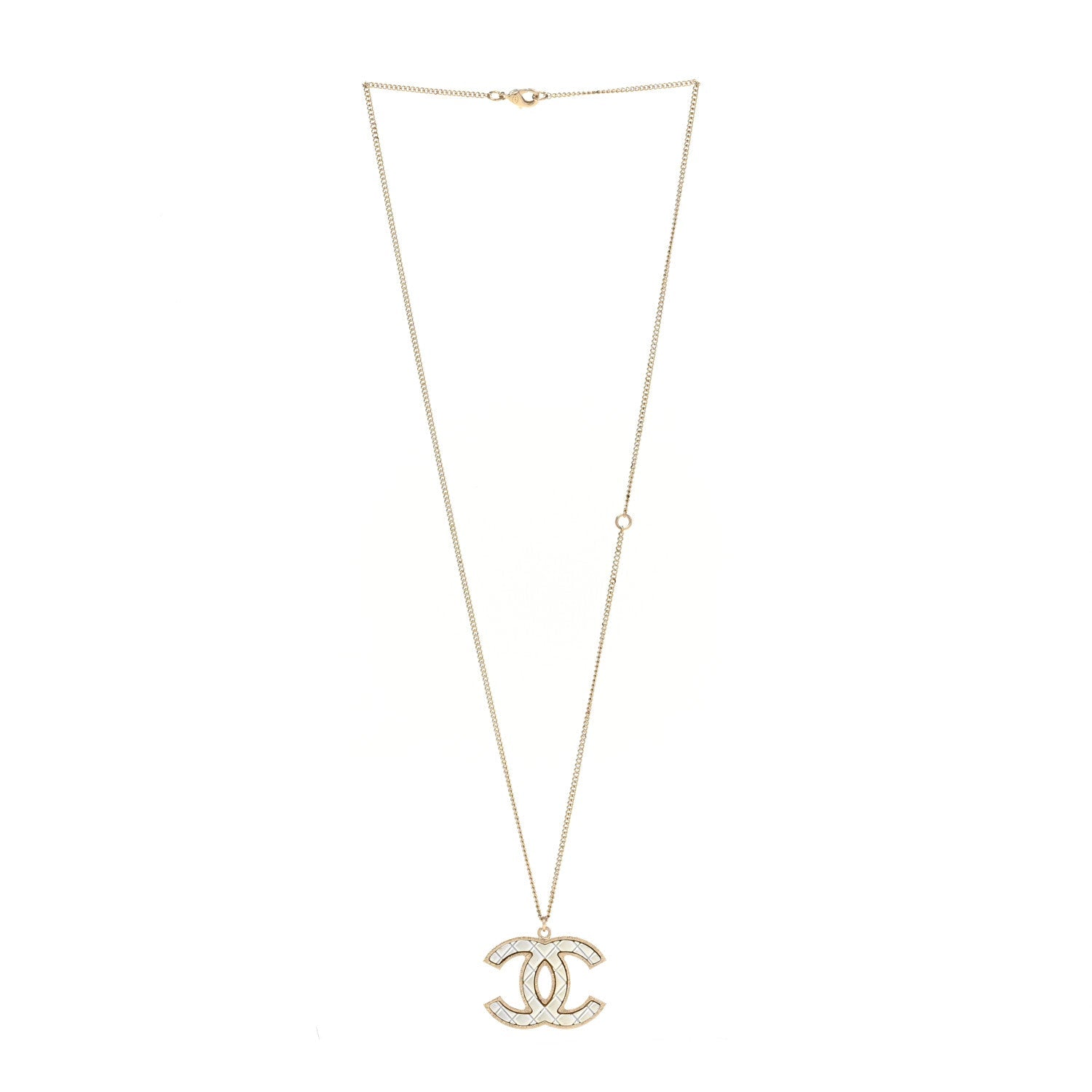 Chanel Metal Quilted CC Pendant Necklace Gold White