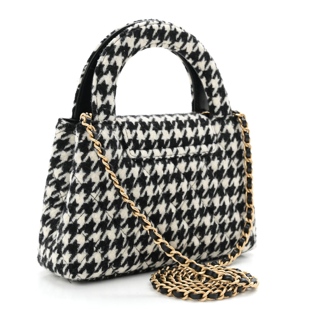 Chanel Tweed Houndstooth Quilted Nano Kelly Shopper Black White