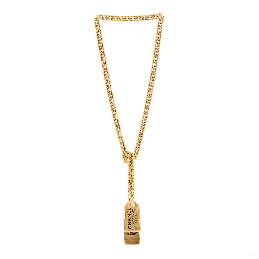 Chanel Metal ID Dog Tag Charm Necklace Gold