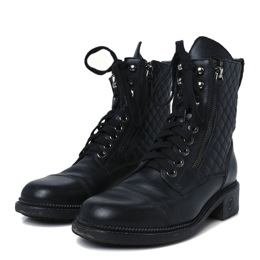 Chanel Calfskin Quilted Lace Up Combat Boots 39 Black