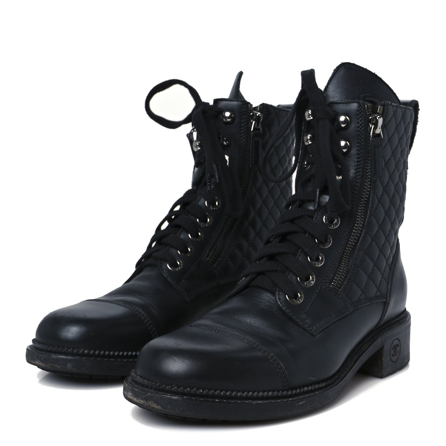 Chanel Calfskin Quilted Lace Up Combat Boots 39 Black