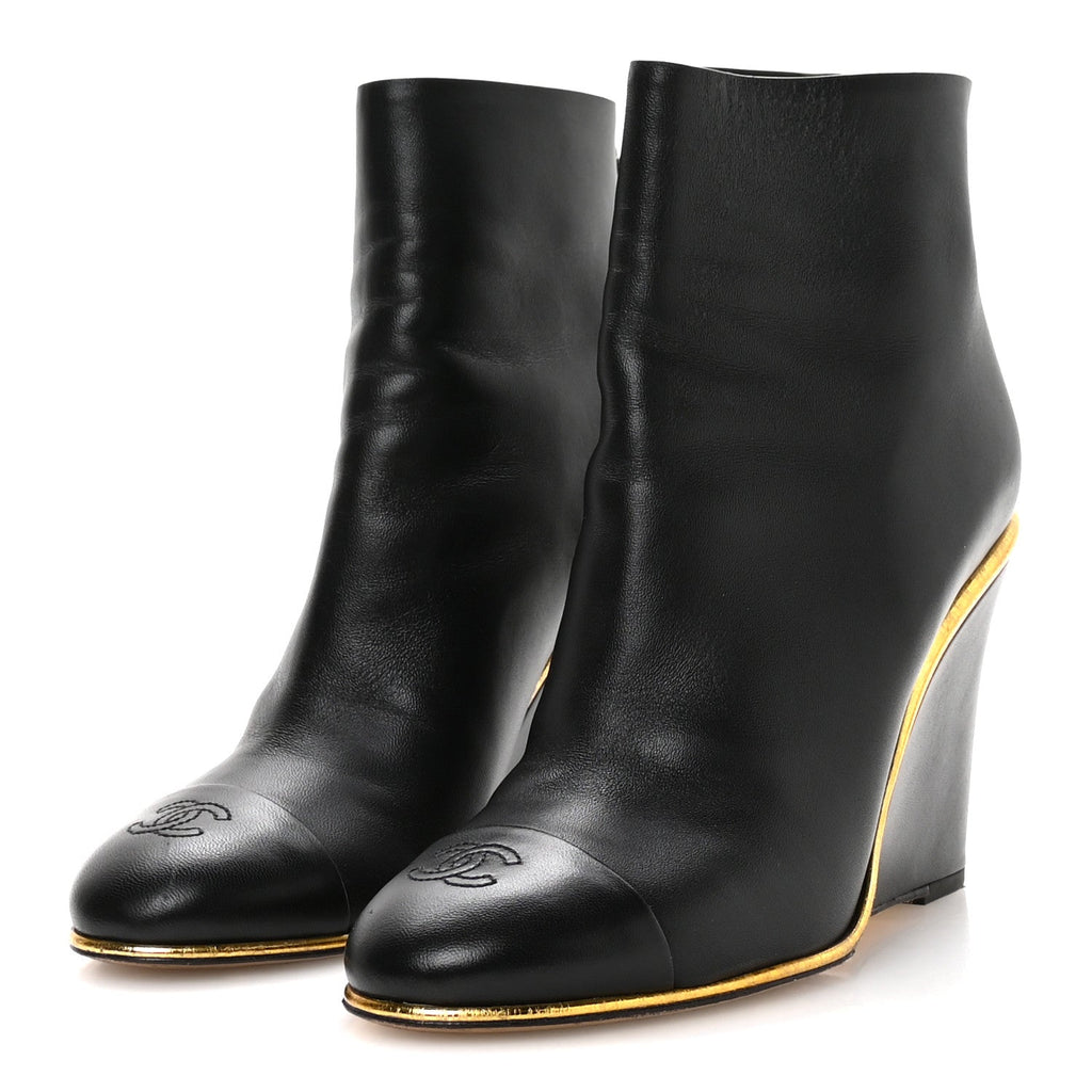 Chanel Lambskin Cap Toe Wedge Ankle Boots 38.5 Black