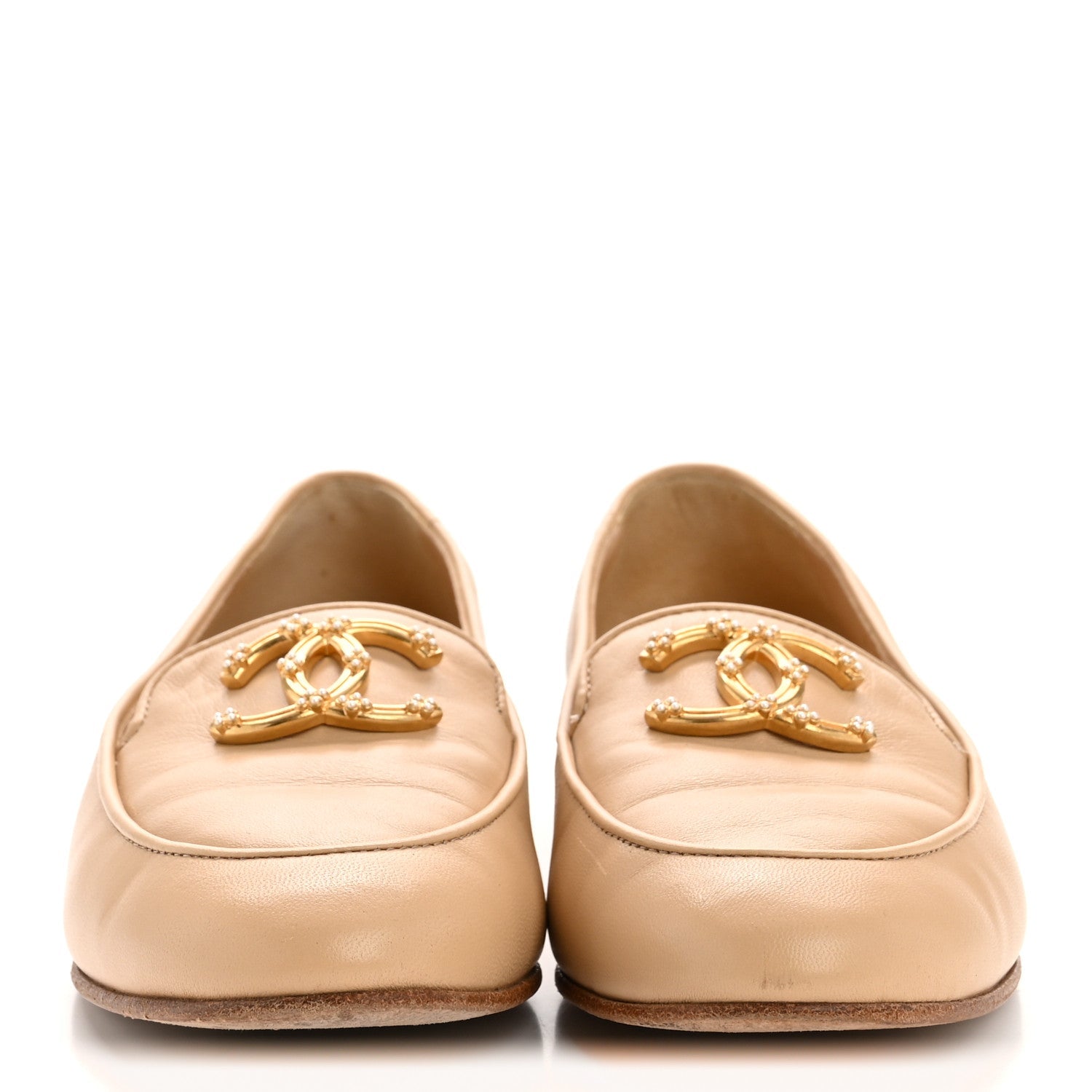 Chanel Lambskin Pearl CC Loafers 36 Beige