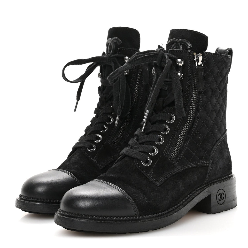 Chanel Suede Calfskin Quilted Lace Up Combat Boots 37 Black