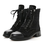 Chanel Suede Calfskin Quilted Lace Up Combat Boots 37 Black