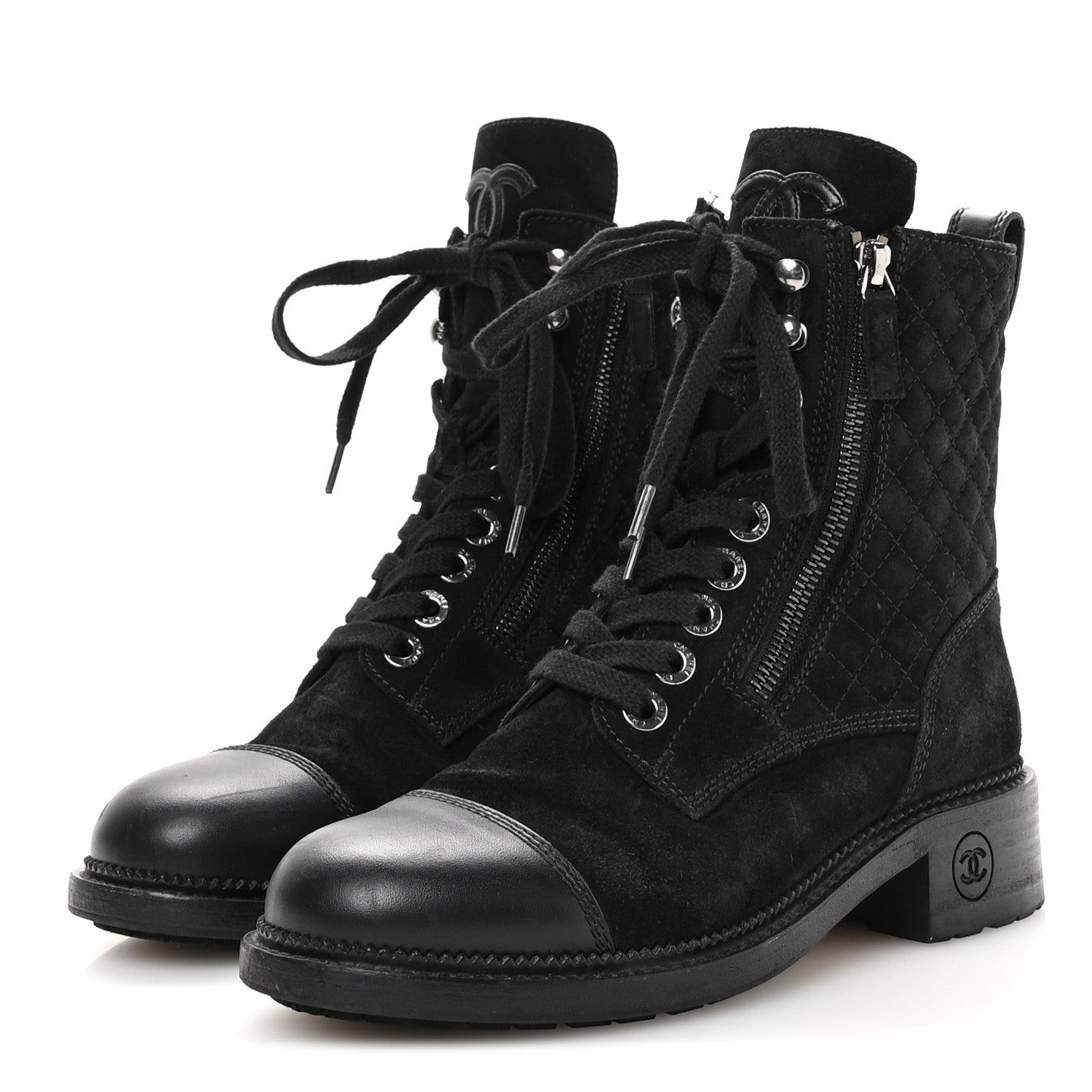 Chanel Suede Calfskin Quilted Lace Up Combat Boots 37 Black