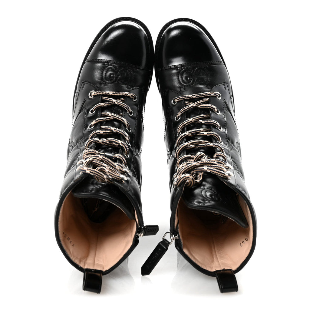 Gucci Cordovan Lux Nappa GG Matelasse Lace Up 60mm Combat Boots 35.5 Black