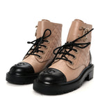 Chanel Shiny Lambskin Quilted Lace Up Combat Boots 36 Beige Black