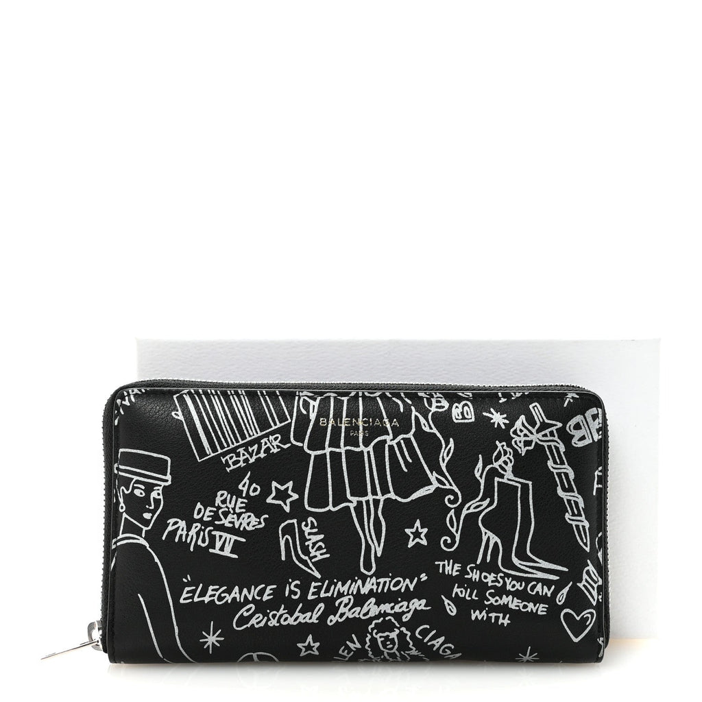 Balenciaga Calfskin Classic Silver Hardware Printed Tattoo Everyday Continental Zip Around Wallet Black