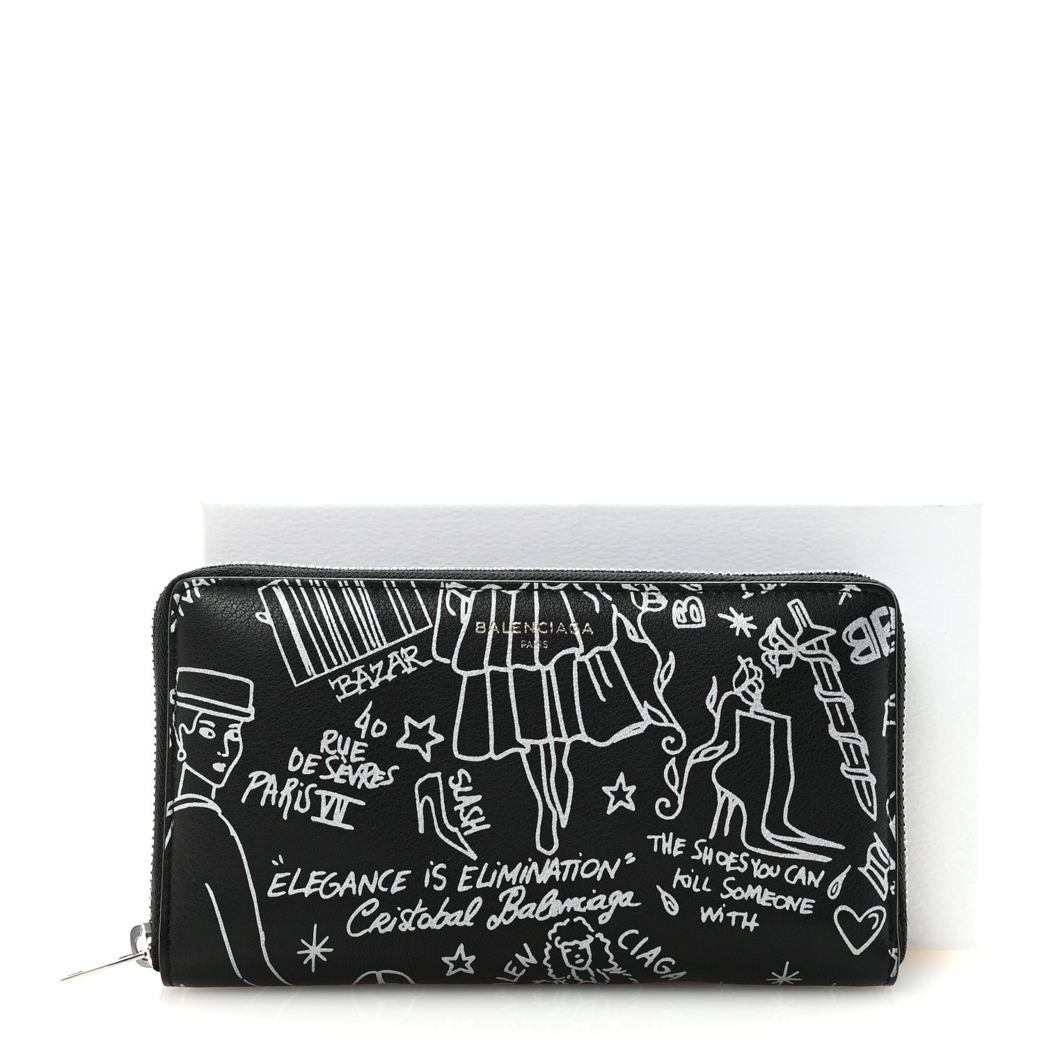 Balenciaga Calfskin Classic Silver Hardware Printed Tattoo Everyday Continental Zip Around Wallet Black