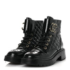 Chanel Shiny Calfskin Quilted Lace Up Combat Boots 37 Black