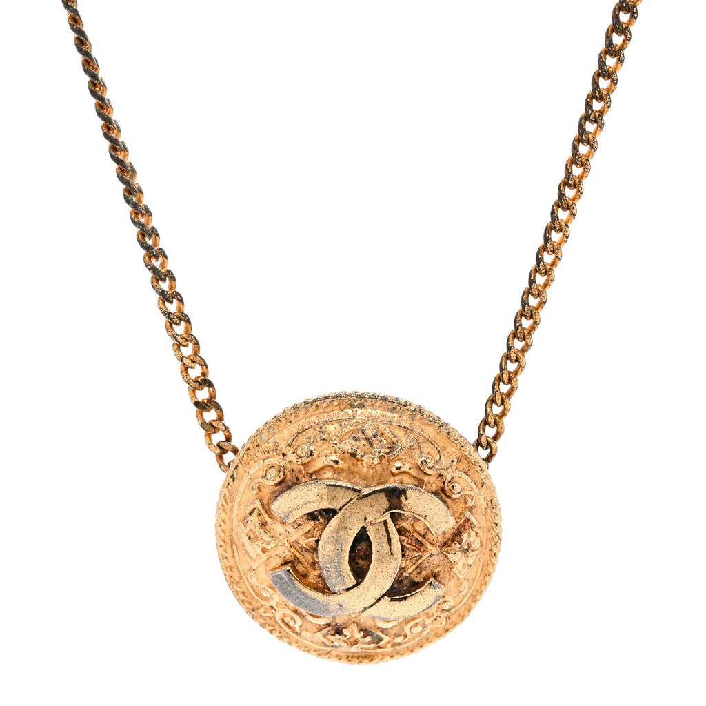 Chanel Metal CC Round Pendant Necklace Gold