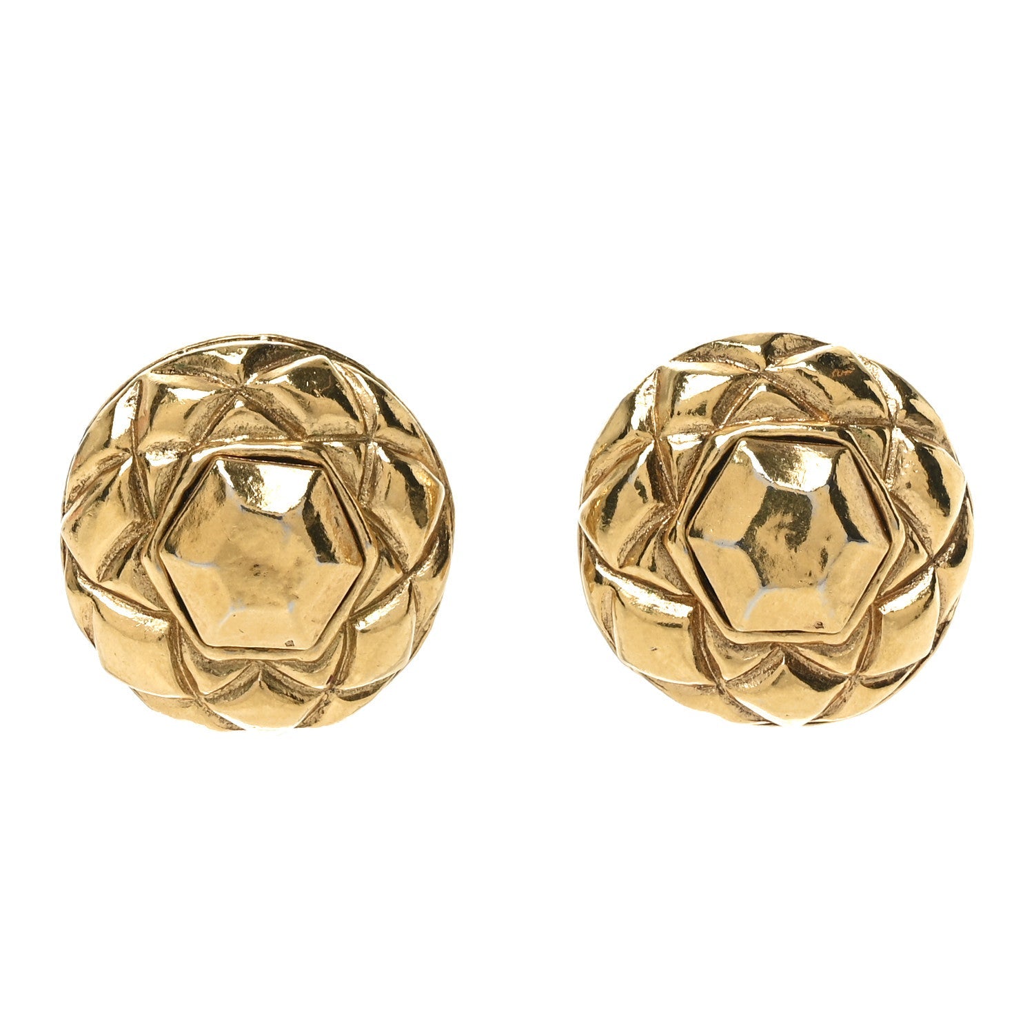 Chanel Round Quilted Clip On Earrings Gold
