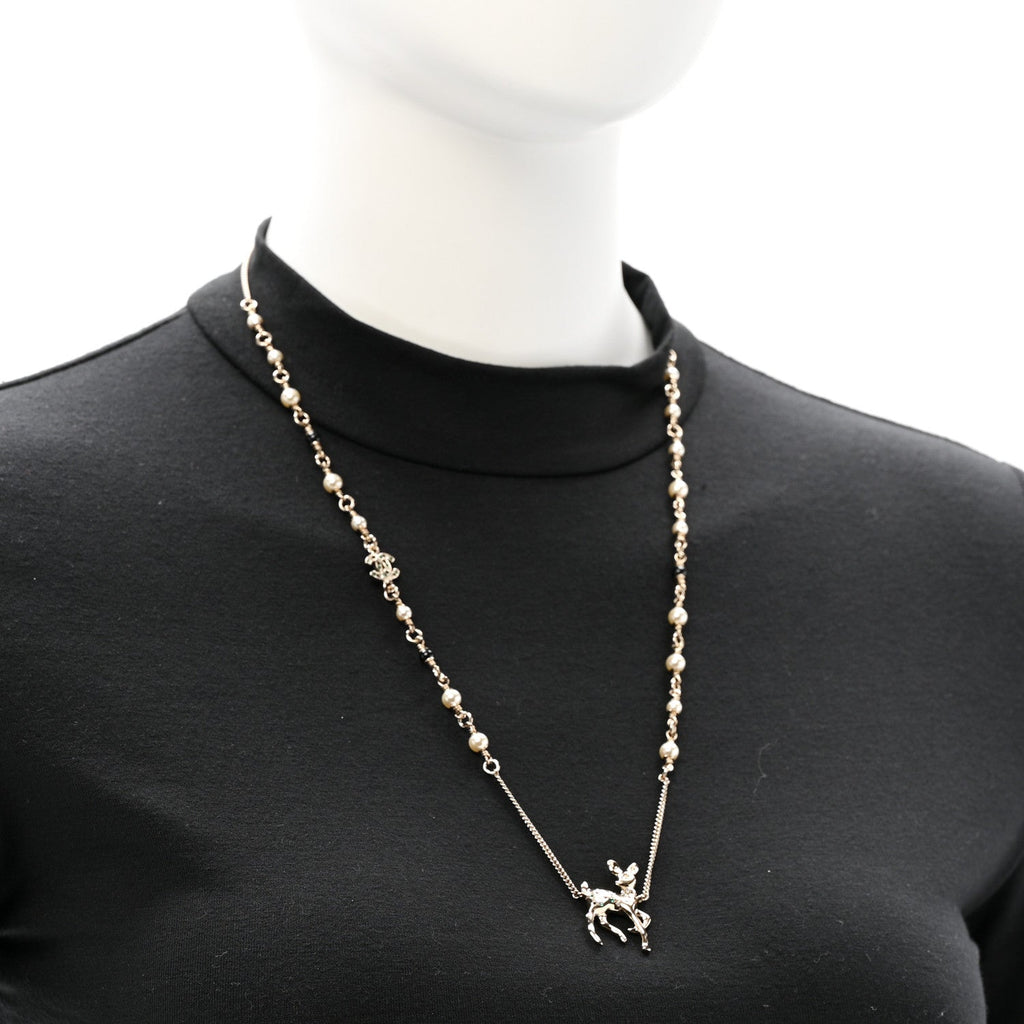 Chanel Pearl Crystal CC Deer Long Necklace Gold Green