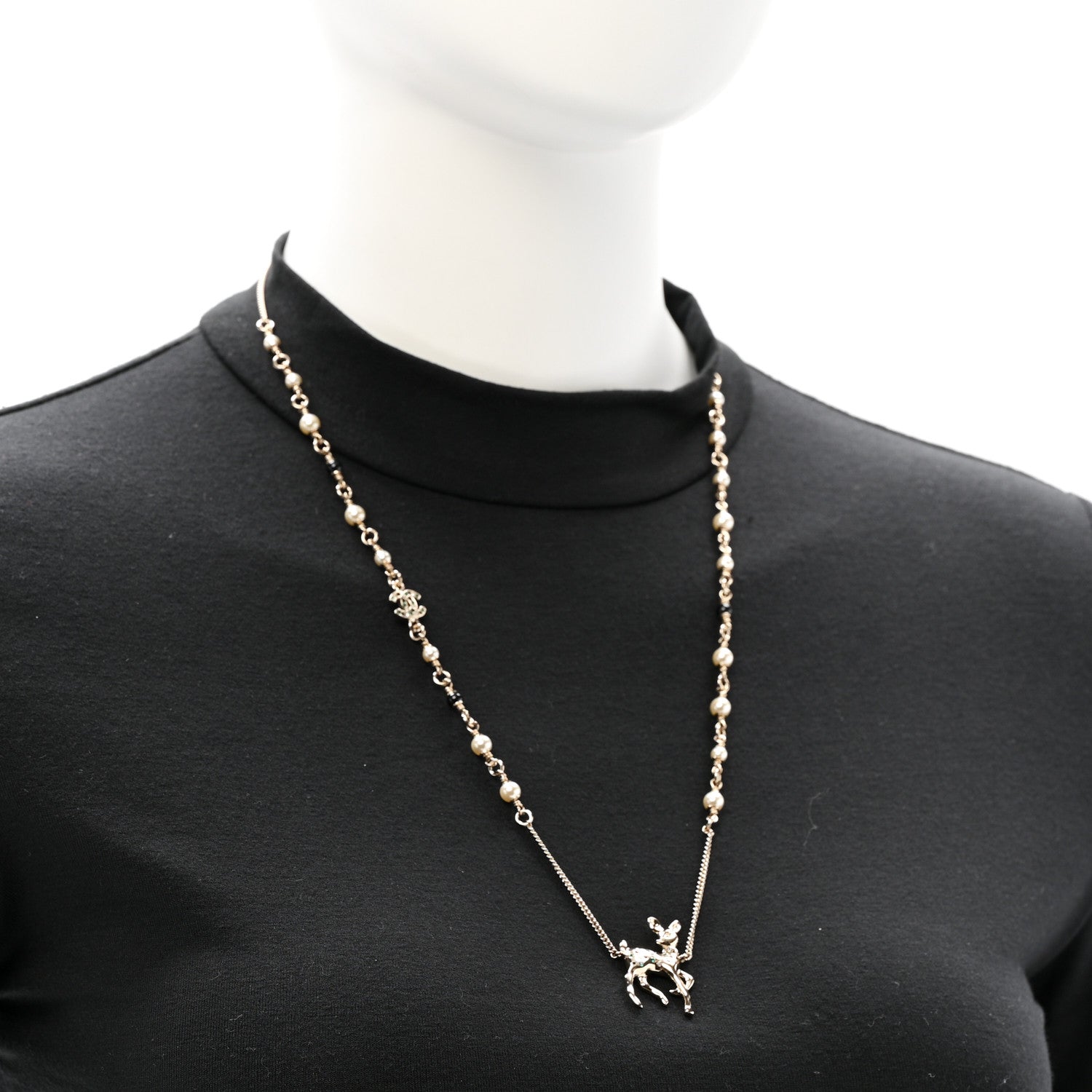 Chanel Pearl Crystal CC Deer Long Necklace Gold Green