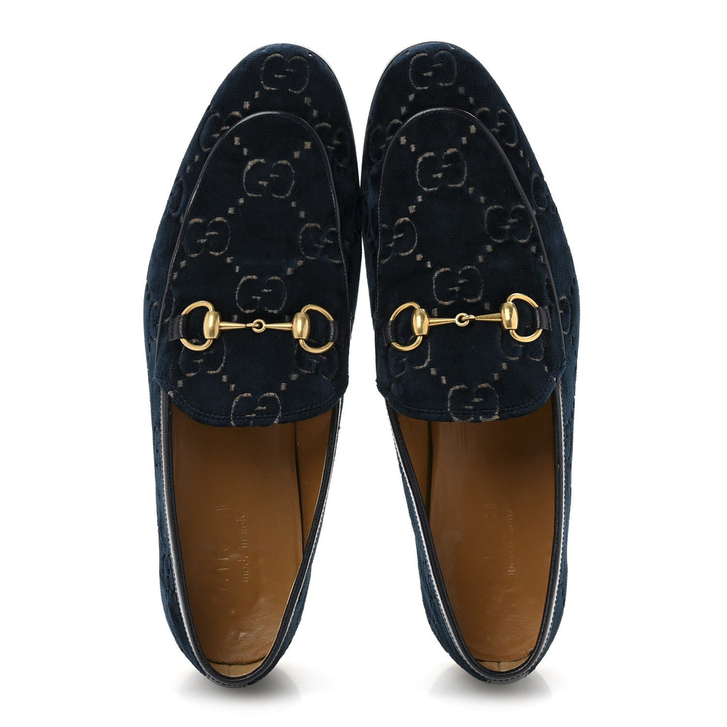 Gucci Velvet GG Monogram Horsebit Mens Jordaan Loafers 8.5 Blue Beige