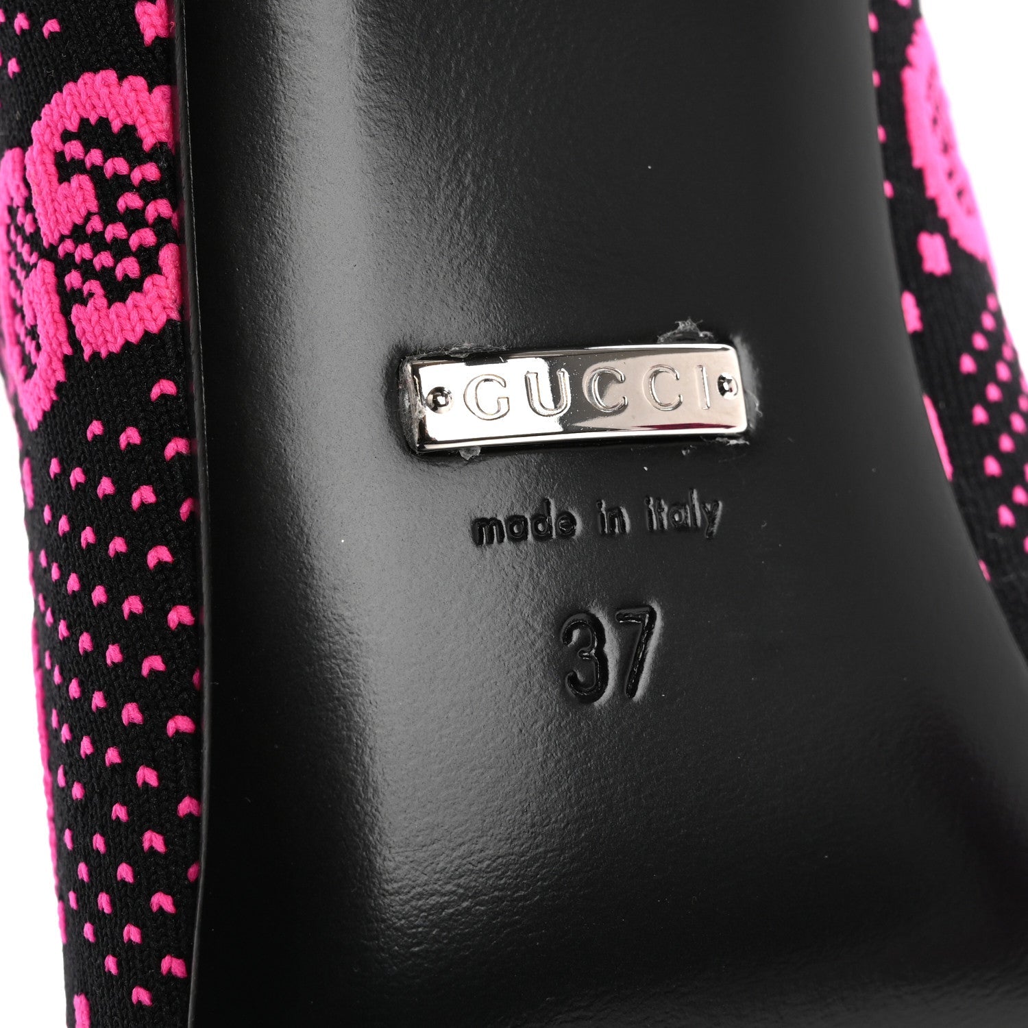 Gucci Technical Jersey Knit GG Monogram Square G 75mm Ankle Boots 37 Black Neon Fucsia