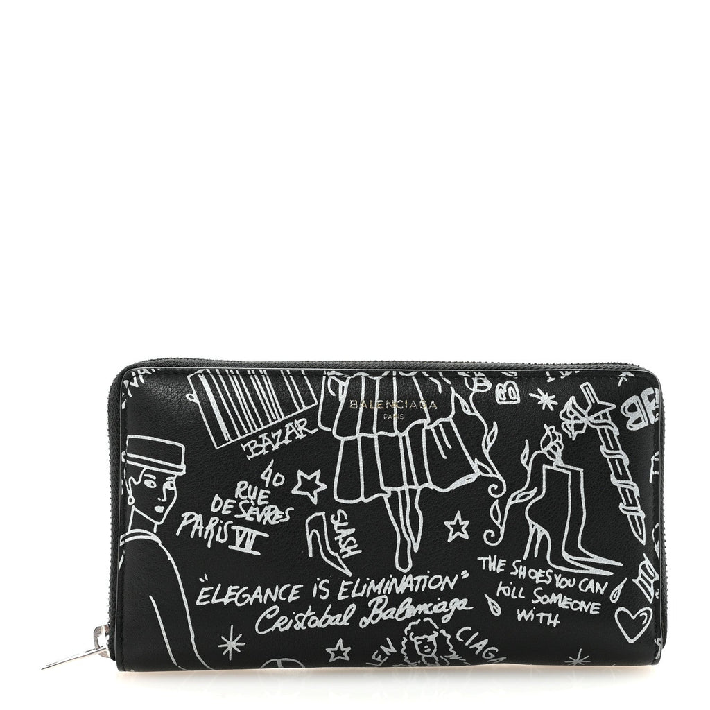 Balenciaga Calfskin Classic Silver Hardware Printed Tattoo Everyday Continental Zip Around Wallet Black