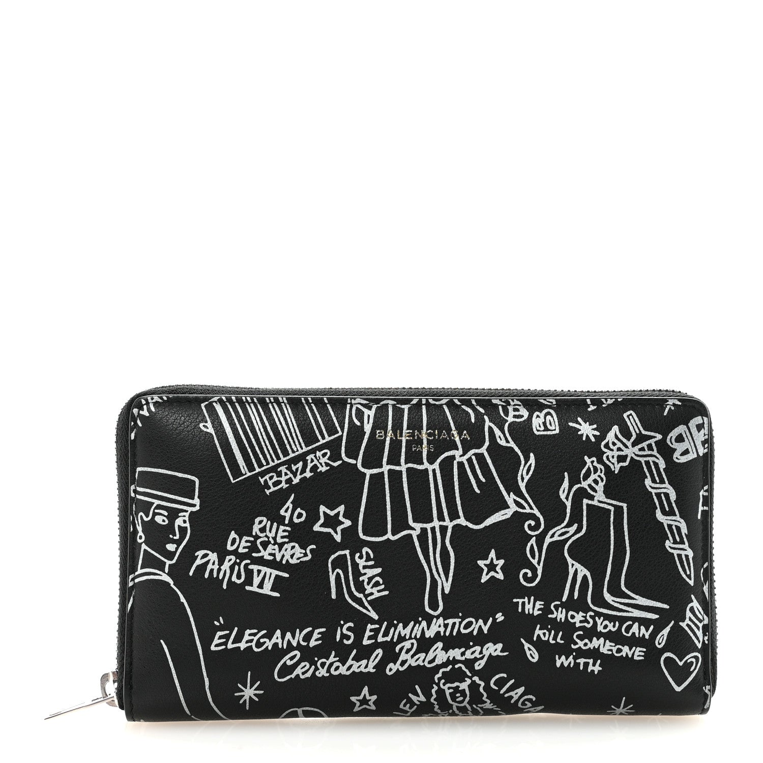 Balenciaga Calfskin Classic Silver Hardware Printed Tattoo Everyday Continental Zip Around Wallet Black