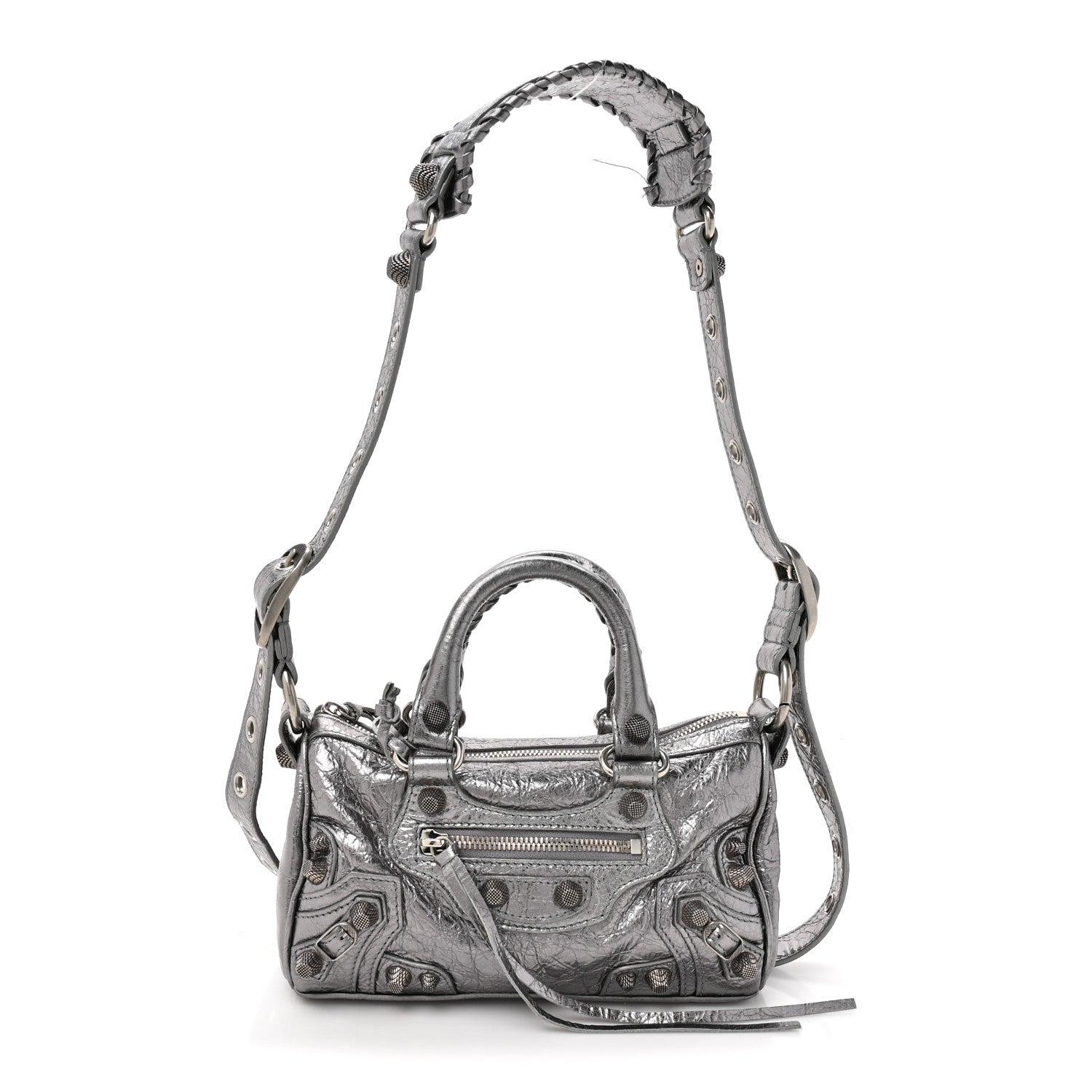 Balenciaga Metallic Agneau Arena Mini Le Cagole Duffle Crossbody Bag Silver