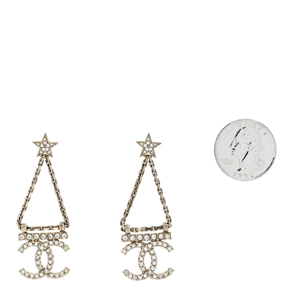 Chanel Crystal Star Drop CC Earrings Gold