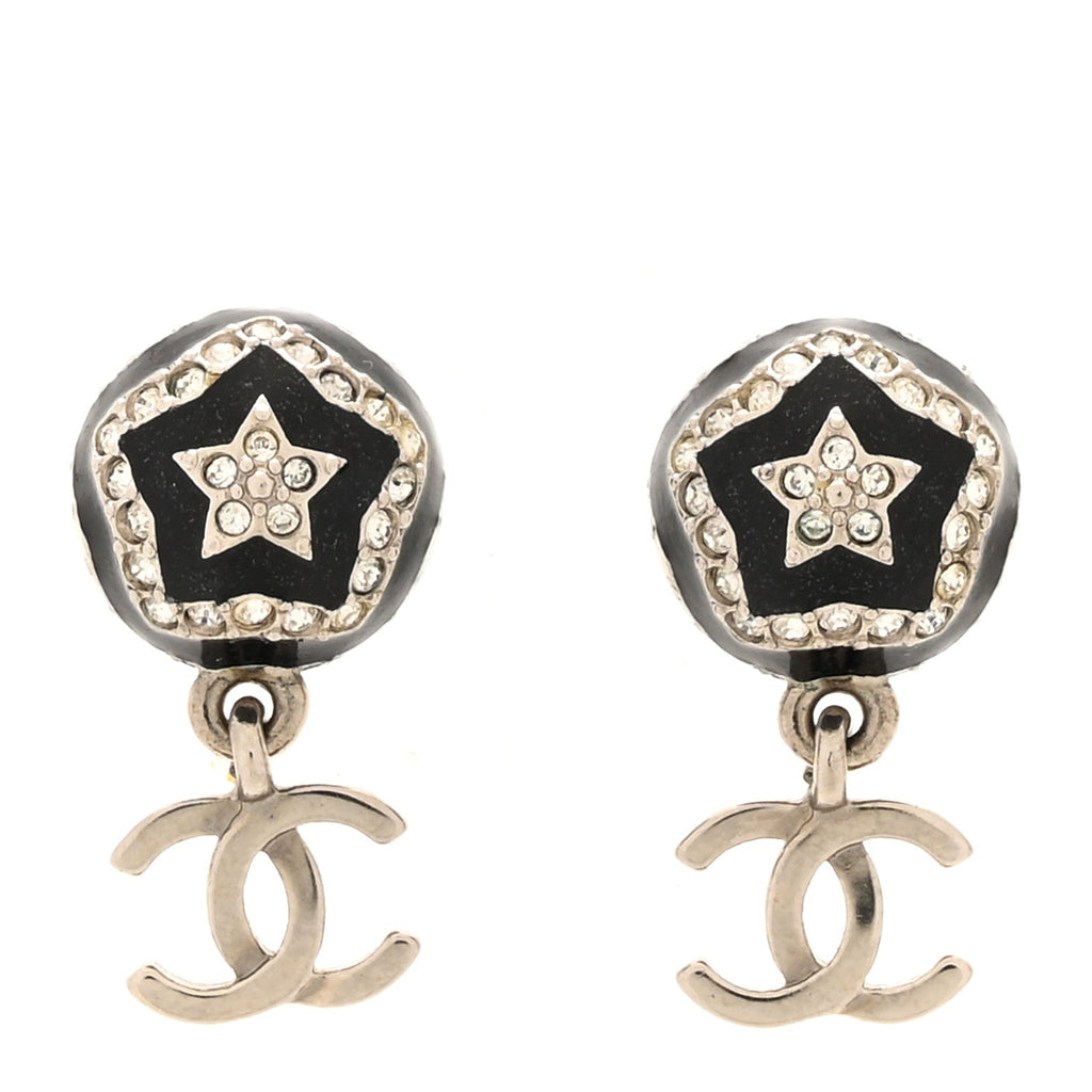 Chanel Resin Crystal CC Ball Drop Earrings Black Silver