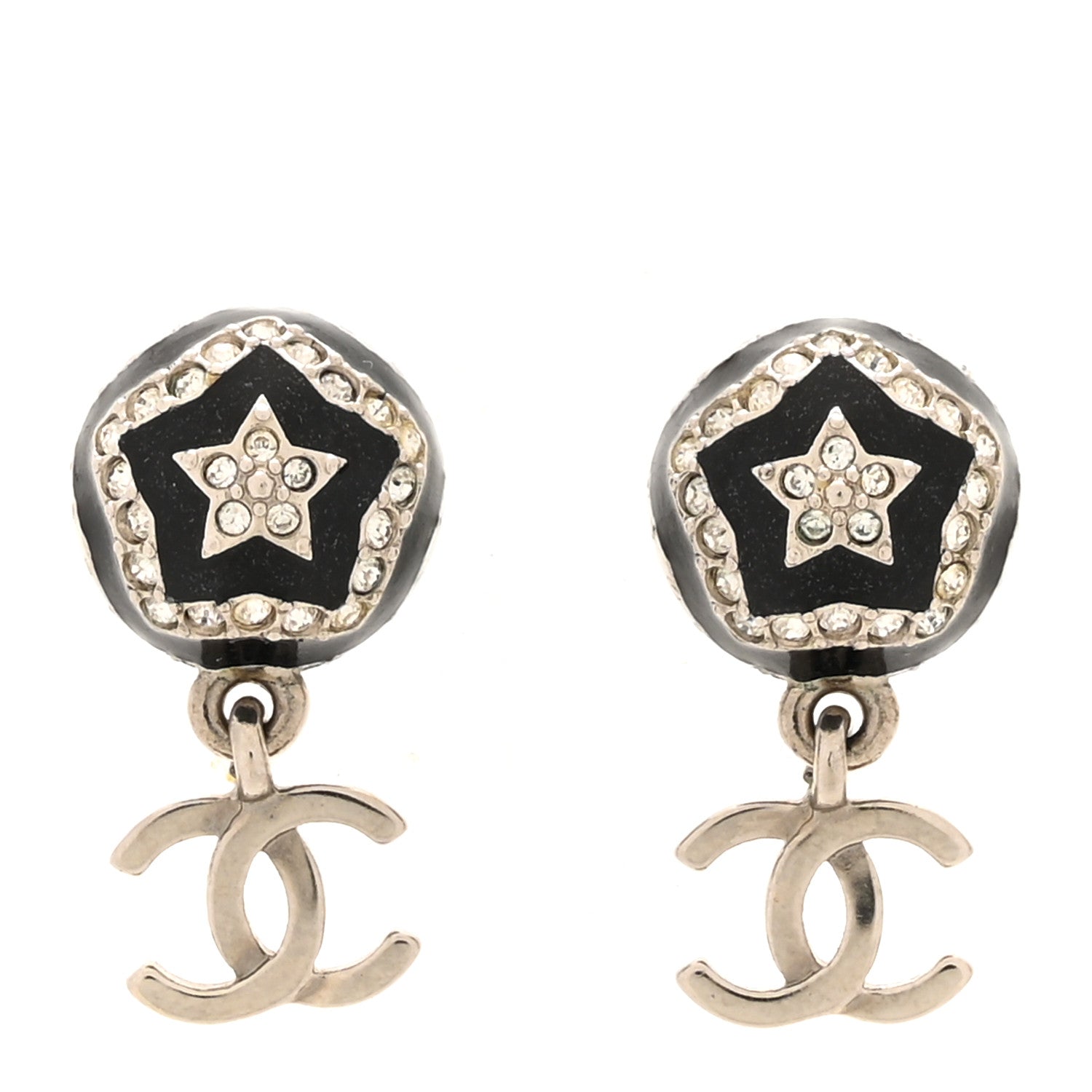 Chanel Resin Crystal CC Ball Drop Earrings Black Silver