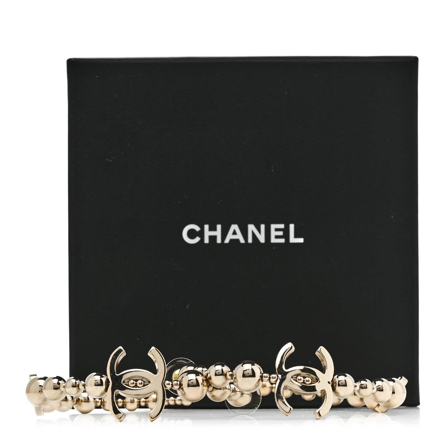 Chanel Metal Bead CC Hoop Earrings Gold