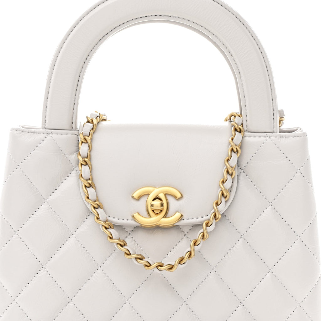 Chanel Shiny Aged Calfskin Quilted Nano Kelly Shopper Light Grey