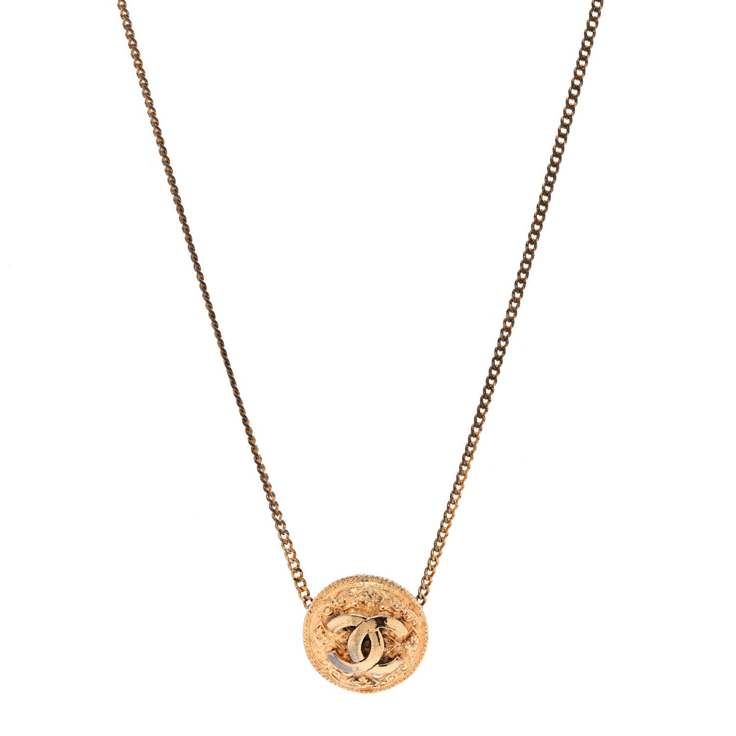 Chanel Metal CC Round Pendant Necklace Gold