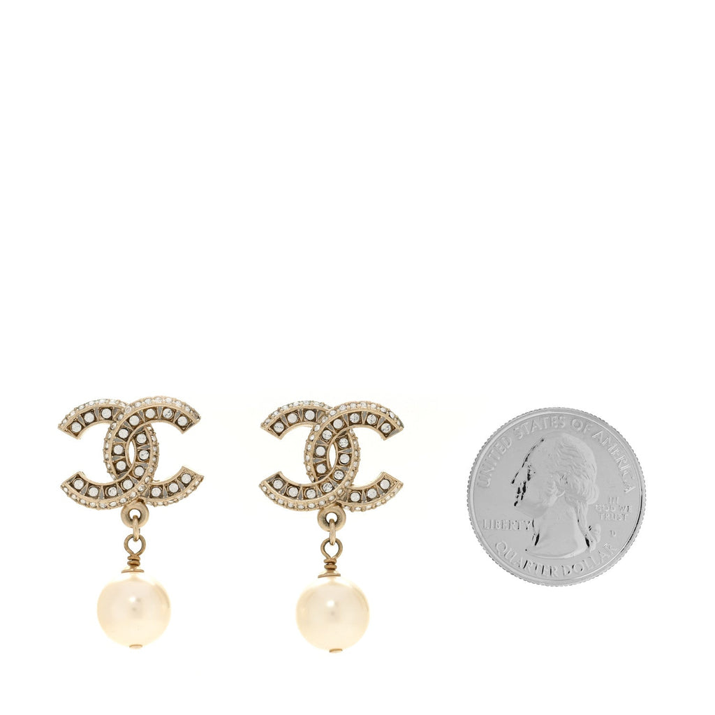 Chanel Crystal Timeless CC Pearl Drop Earrings Light Gold